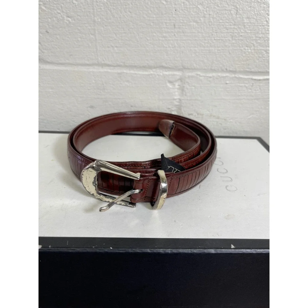 Mezlan Brown Ribbed Leather‎ Dress Belt Silver Buckle Men's 42 Made In Spain